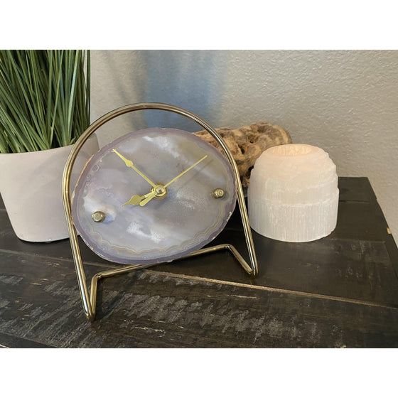 ETSY 8504 Gray Agate Clock with Gold Clock Hands Mounted on a Gold Stand | Agate Clock | Great Gift