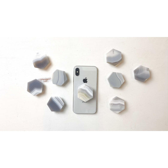 ETSY 8504 GREY NEUTRAL Agate Hexagon Custom Crystal Phone Stand (natural gemstone)