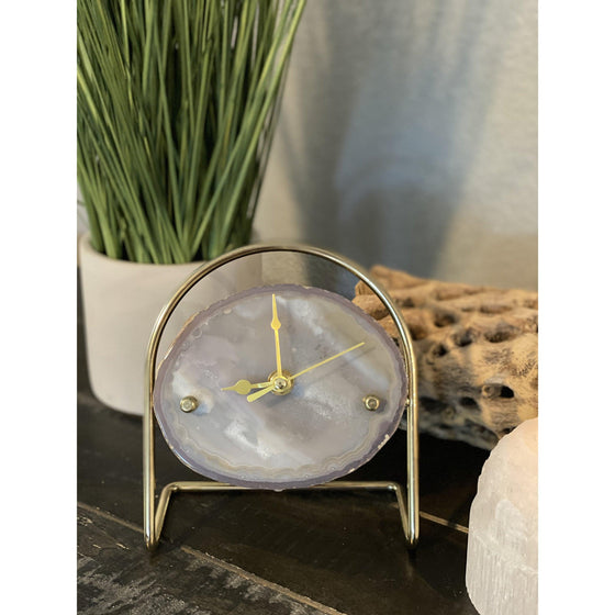 Gray Agate Clock with Gold Clock Hands Mounted on a Gold Stand | Agate Clock | Great Gift.