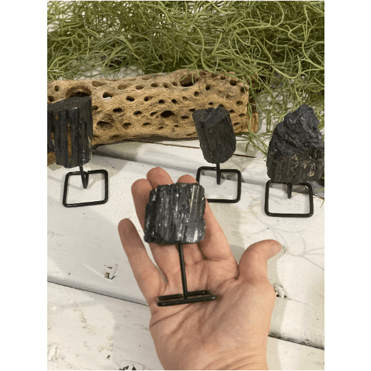 Melan Threads Black Tourmaline on a Pin Stand | Natural Crystal on Metal Stand