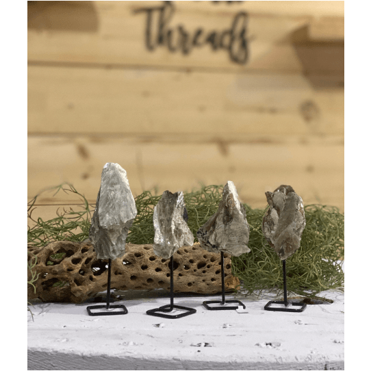 Melan Threads Gold Muscovite Mica on a Pin Stand | Natural Crystal on Metal Stand