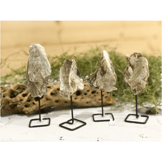 Melan Threads Gold Muscovite Mica on a Pin Stand | Natural Crystal on Metal Stand