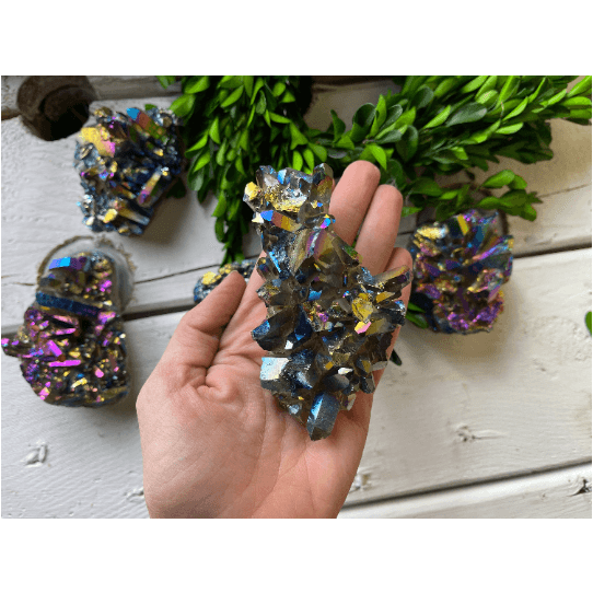 Melan Threads Metallized Quartz Druzy Cluster | Quartz Cluster | Clear Quartz | Great Gift