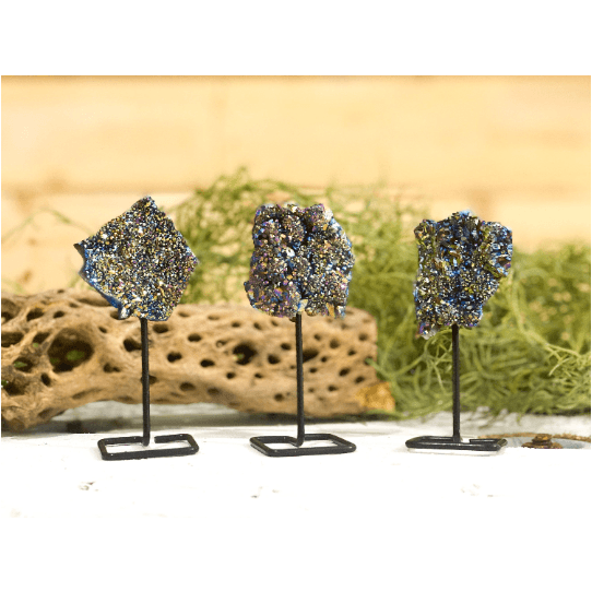 Melan Threads Metallized Quartz Druzy on a Pin Stand | Rainbow Druzy on Metal Stand