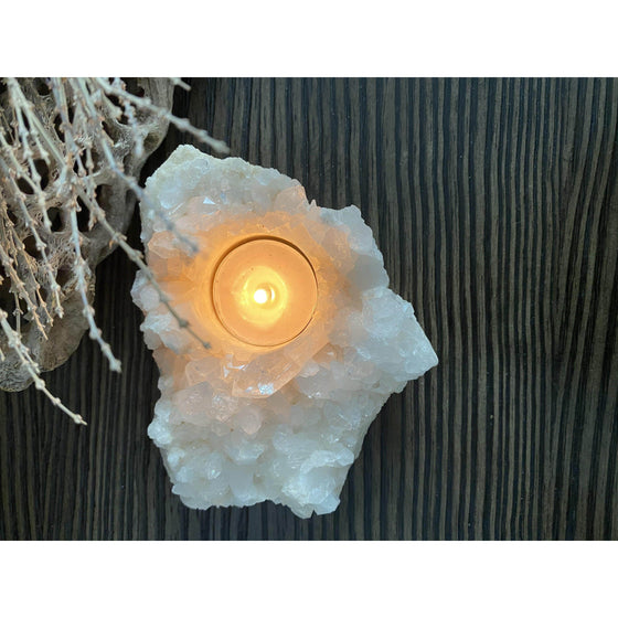 Melan Threads Raw (Cluster) Clear Quartz Candle Holder | Quartz Cluster | Clear Quartz | Great Gift