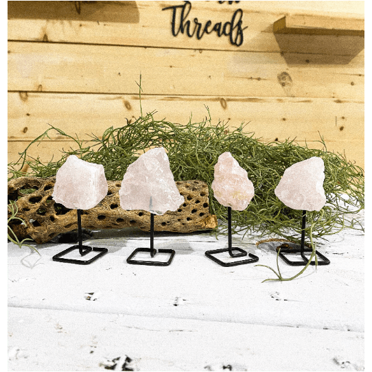 Melan Threads Rose Quartz on a Pin Stand | Quartz on Metal Stand