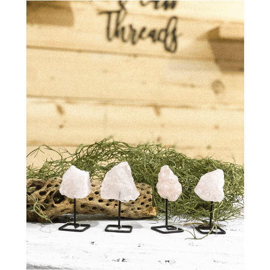 Melan Threads Rose Quartz on a Pin Stand | Quartz on Metal Stand