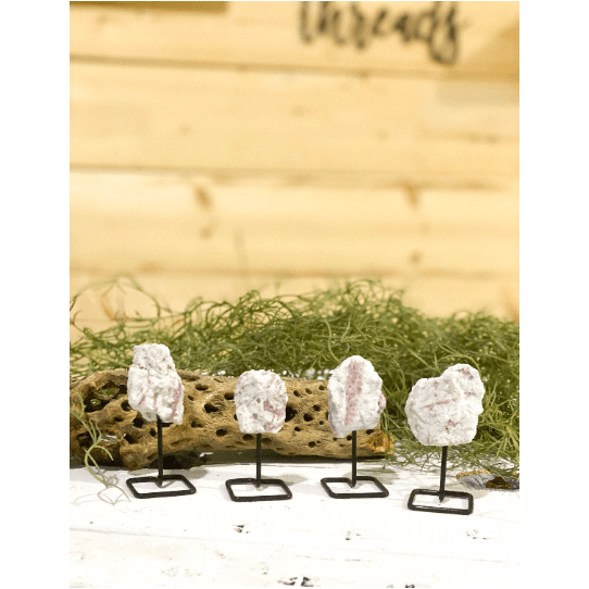 Melan Threads Rough Pink Tourmaline on a Pin Stand | Natural Crystal on Metal Stand