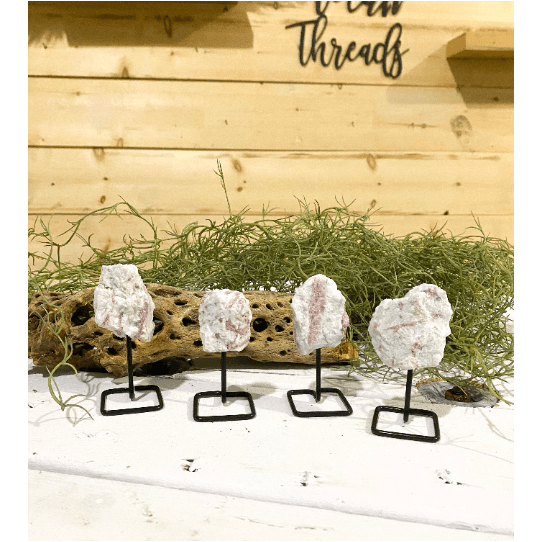 Melan Threads Rough Pink Tourmaline on a Pin Stand | Natural Crystal on Metal Stand