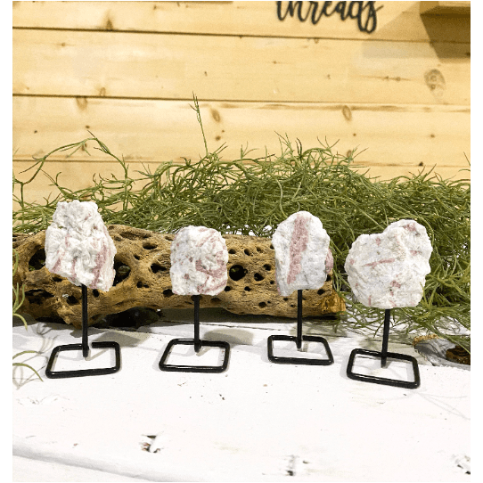 Melan Threads Rough Pink Tourmaline on a Pin Stand | Natural Crystal on Metal Stand