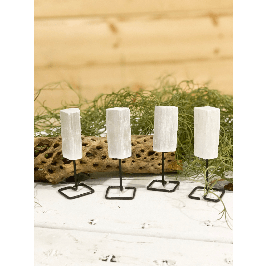 Melan Threads Selenite on a Pin Stand | Natural Crystal on Metal Stand