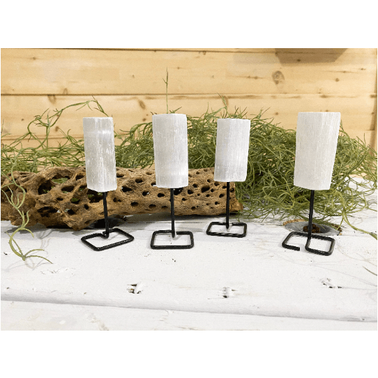 Melan Threads Selenite on a Pin Stand | Natural Crystal on Metal Stand