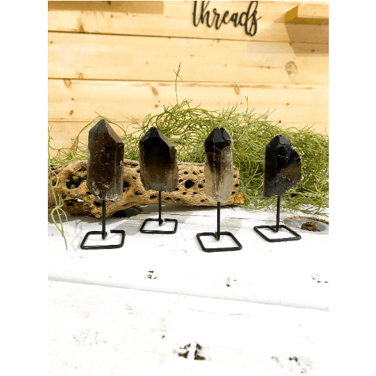 Melan Threads Smoky Quartz Point on a Pin Stand | Quartz on Metal Stand