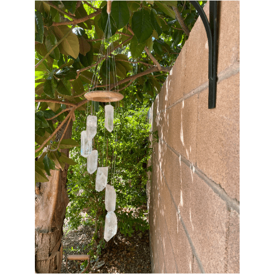 Unearthed Vibes Wind Chimes Clear Quartz Hanger | Rustic Neutral Wood Crystal Garland Chime